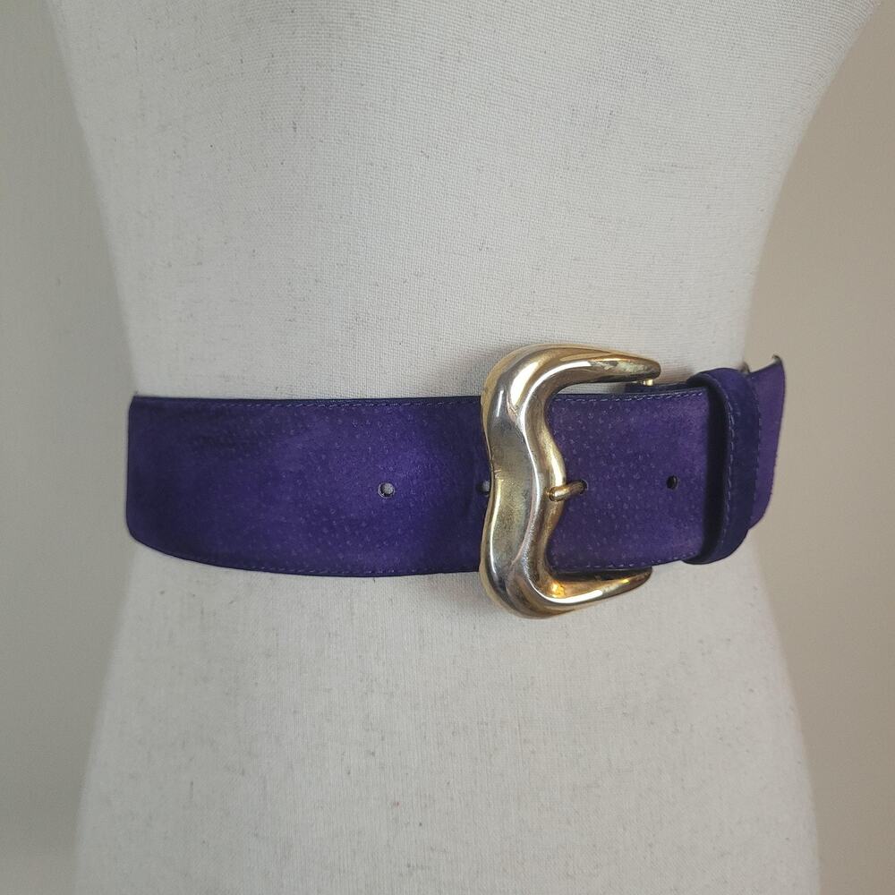 Vintage Purple Suede Leather Belt Small Wide Gold Sculptural Statement Waist 80s - Picture 2 of 8